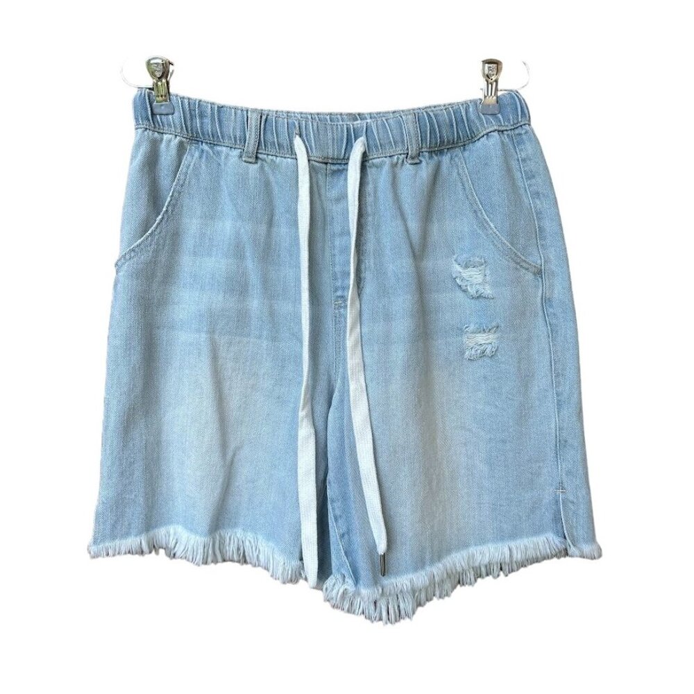 Risen Jeans Denim M High Rise‎ Drawstring Distressed Fringe 7" Shorts